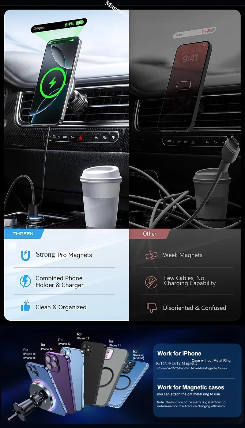 15W Magnetic Car Phone Charger & Air Vent Mount