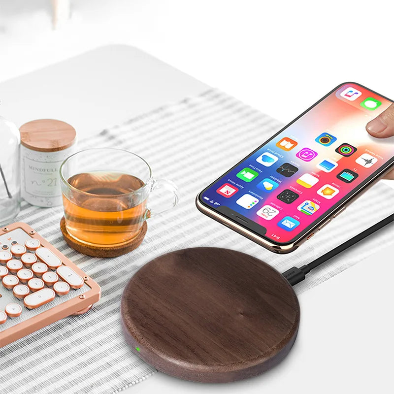 Slim Walnut Wood-Style 10W/15W Wireless Charger Pad