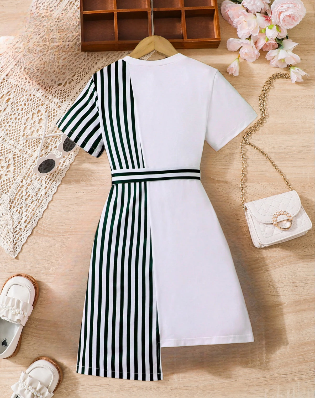 Girls' Striped Belted Dress - Elegant Bow Detail Party Dress, Ages 8-12