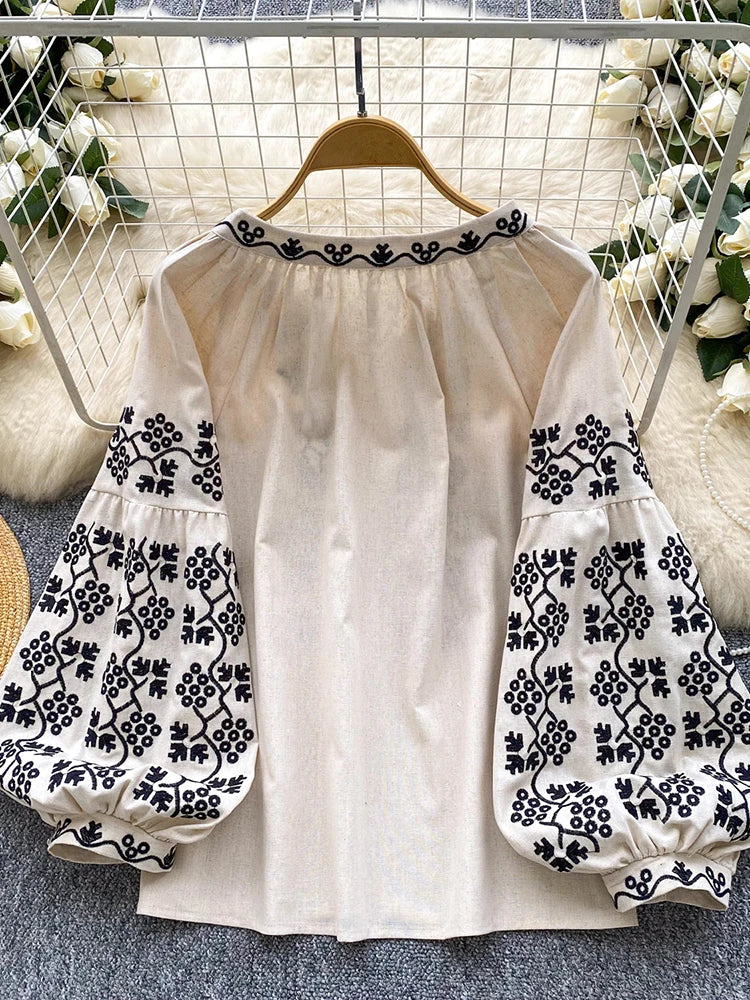Women Embroidered Blouse Autumn Casual Versatile Lace Up O-neck Lantern Sleeves Retro Heavy Industry Top Female Pullovers BL247