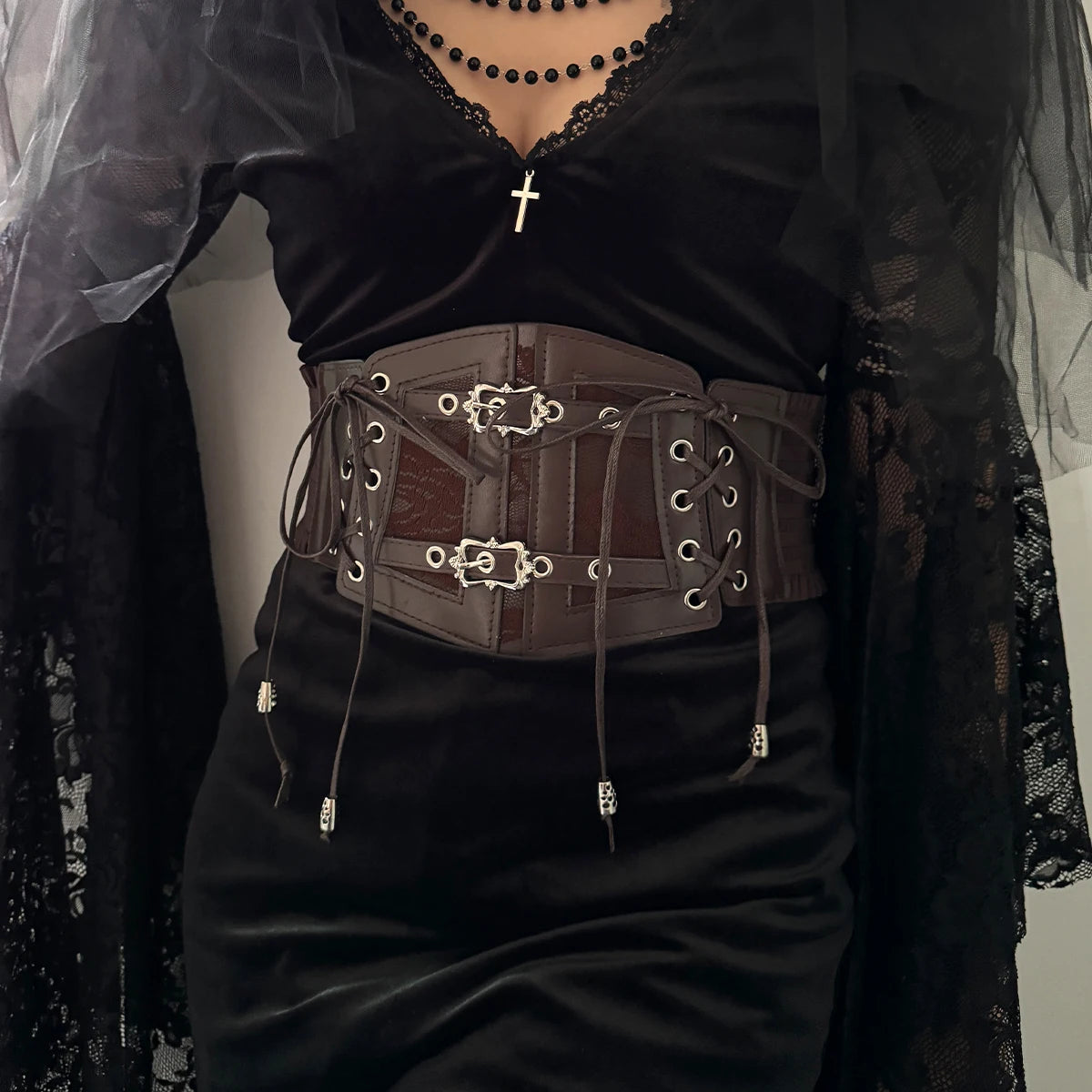 Lace-Up Corset Belt with Chain – Wide Faux Leather Waist Belt
