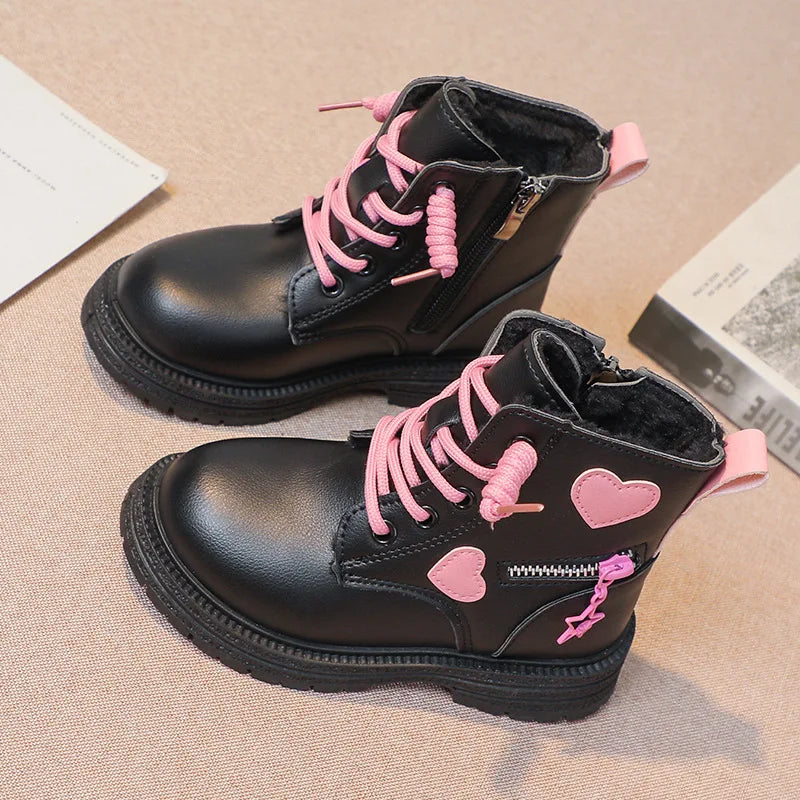 Black/pink Girls Leather Boots Velvet with Anti Slip Low Cut Side Zipper Winter Outdoor Girls Fashion Single Boot