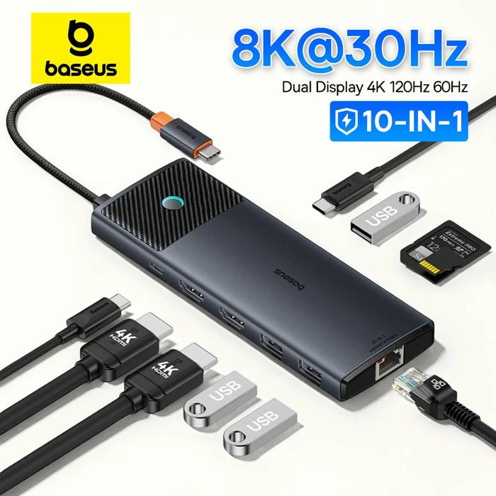 Baseus 10-in-1 USB hub with multiple cables and connectors on a white background