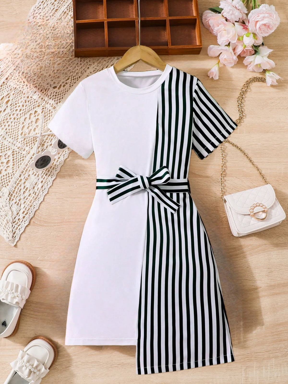 Girls' Striped Belted Dress - Elegant Bow Detail Party Dress, Ages 8-12