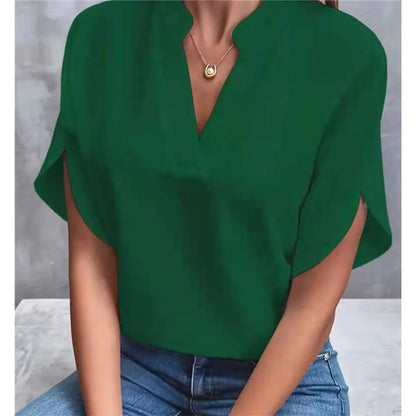 Blusa elegante de gasa con cuello en V para mujer – Top holgado de verano con manga corta para uso informal