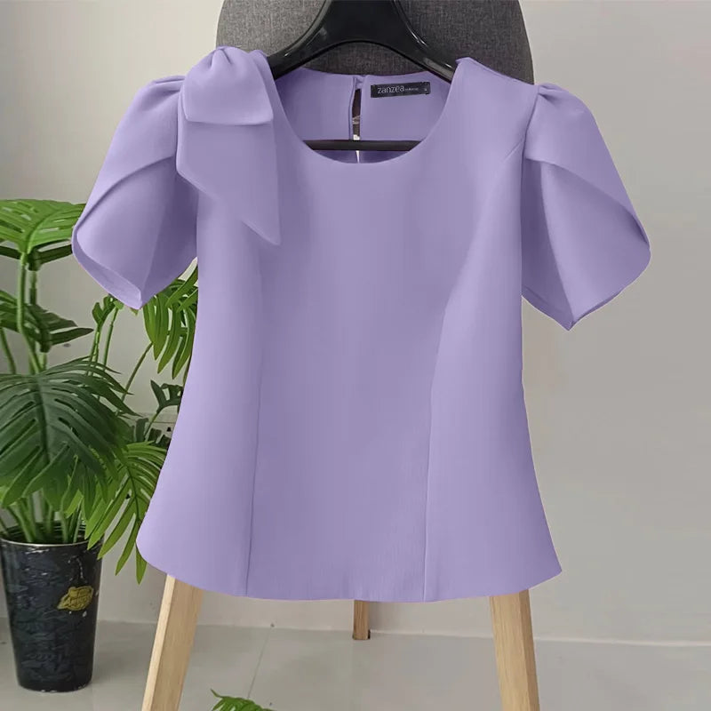 Women Blouse ZANZEA Elegant Office Lady Summer Short Puff Sleeve Bow Fashion Shirts 2025 Casual Solid Color Tops Tunic Blusas
