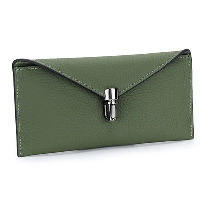 Cartera tipo sobre de cuero genuino para mujer – Clutch largo y delgado con cierre de seguridad