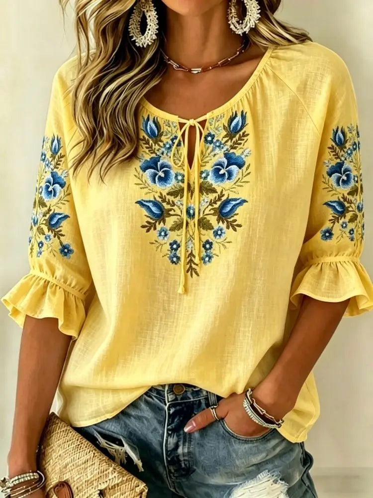 Women's Pink Floral Embroidered Tie Neck Blouse, Casual Loose Tops for Spring Summer Daily Wear & Vacation Occasions