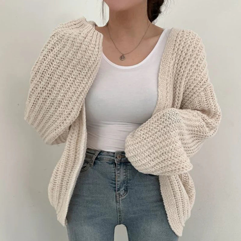 Women's Lantern-Sleeve Knit Cardigan – Relaxed Open-Front Sweater