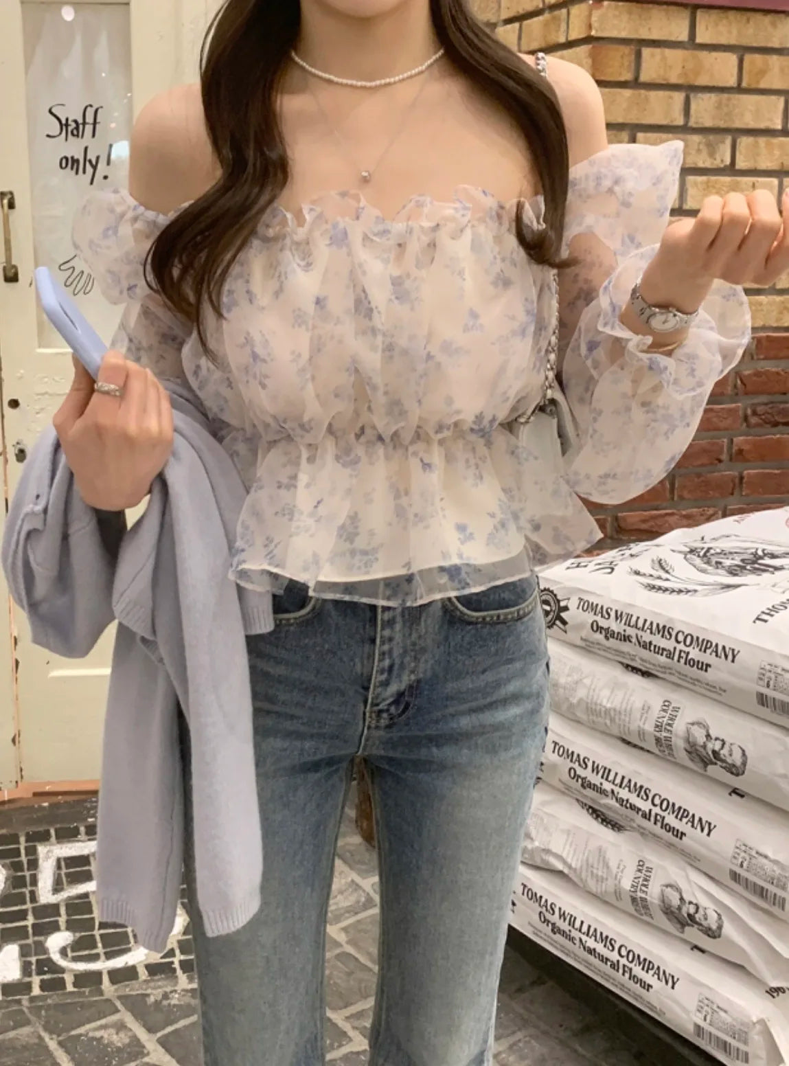 Chic Spring Women's Blouse Gentle Shoulder Bared Floral Bubble Sleeve Chiffon Top Korean Style Loose Fit Long Sleeve Short Le...