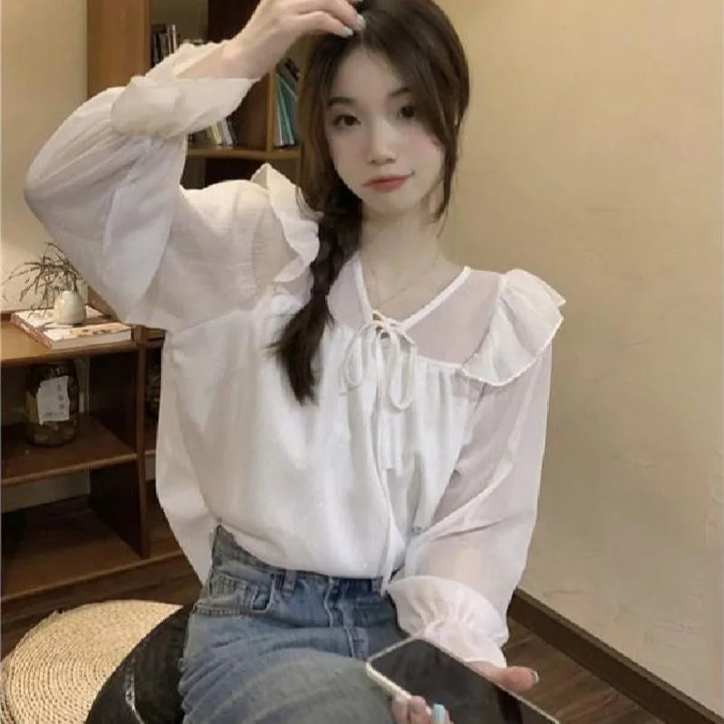 V-Neck Lace-Trim Chiffon Blouse