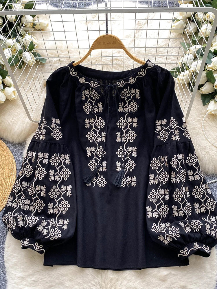 Women Embroidered Blouse Autumn Casual Versatile Lace Up O-neck Lantern Sleeves Retro Heavy Industry Top Female Pullovers BL247