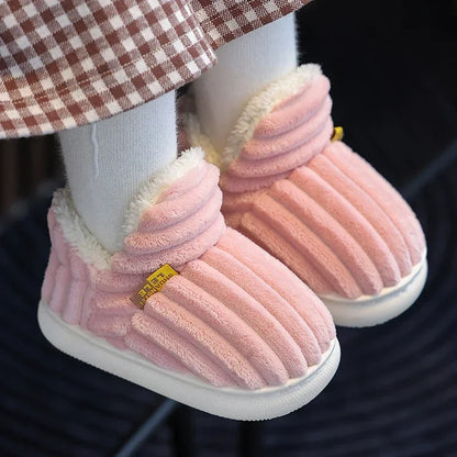 Kids' Striped Plush Slippers – Warm Non-Slip Heel-Wrap House Shoes