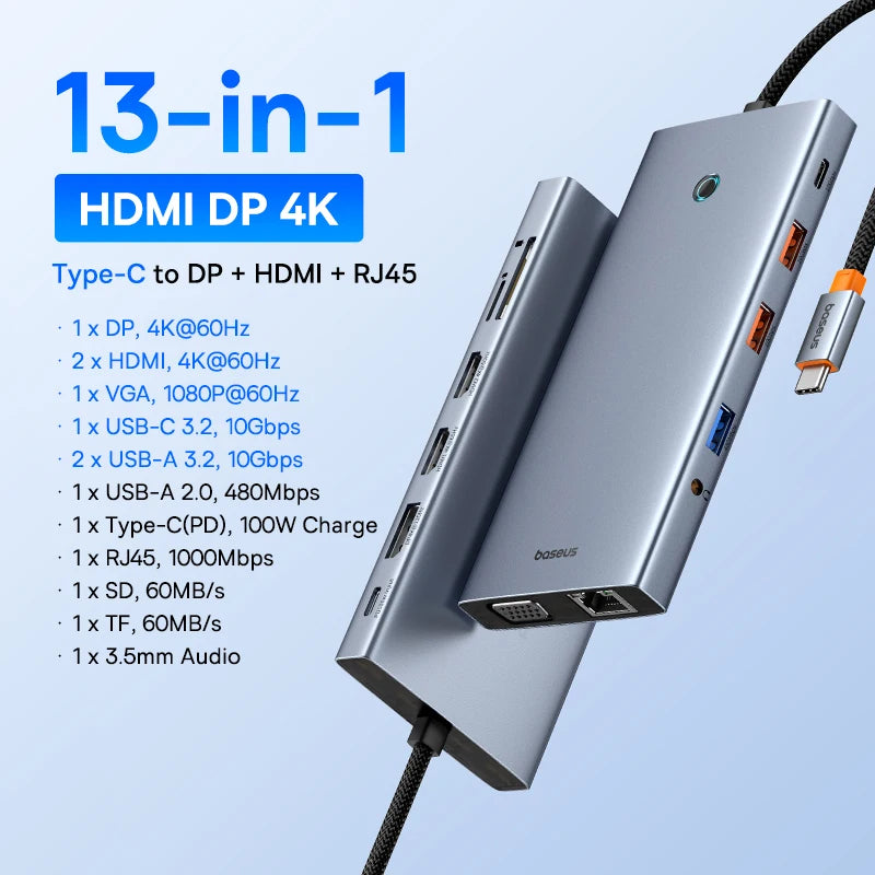 Baseus USB C HUB Dual HDMI 8K 4K Adapter 10-in-1 USB 3.2 10Gbps Splitter with RJ45 SD TF Type C PD 100W for MacBook Pro Air HUB