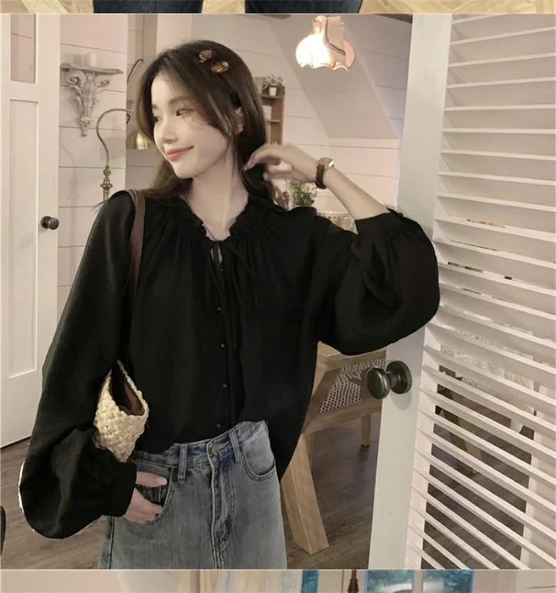 French Solid Color Leisure Women Sweet Solid Color V-neck Ruffled Edge Pullover Shirt Female Loose Fitting Lantern Sleeve Blouse