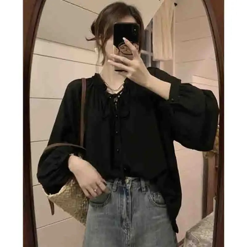 French Solid Color Leisure Women Sweet Solid Color V-neck Ruffled Edge Pullover Shirt Female Loose Fitting Lantern Sleeve Blouse