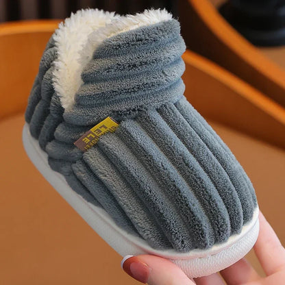 Kids' Striped Plush Slippers – Warm Non-Slip Heel-Wrap House Shoes
