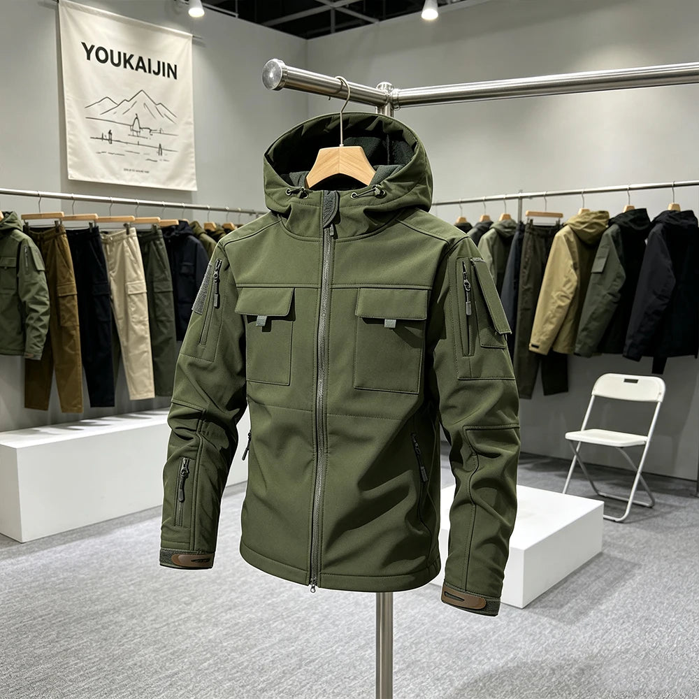 Men's Military Soft Shell Tactical Jacket Winter Warm Fleece Hunting Jackets Outdoor Hiking Fishing Hooded Multi-pockets Coat