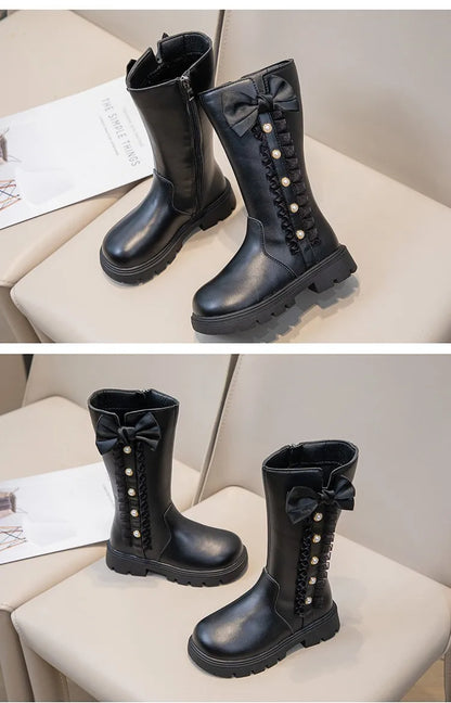 Girls' Waterproof Knee-High Boots with Bow & Lace
