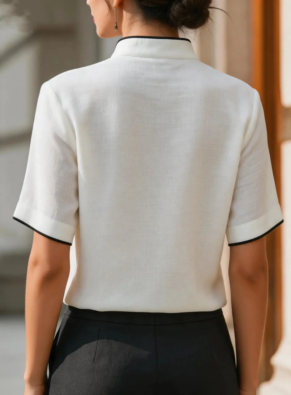 Women's V-Neck Button Detail Contrast Trim Blouse – Short Sleeve Casual Top