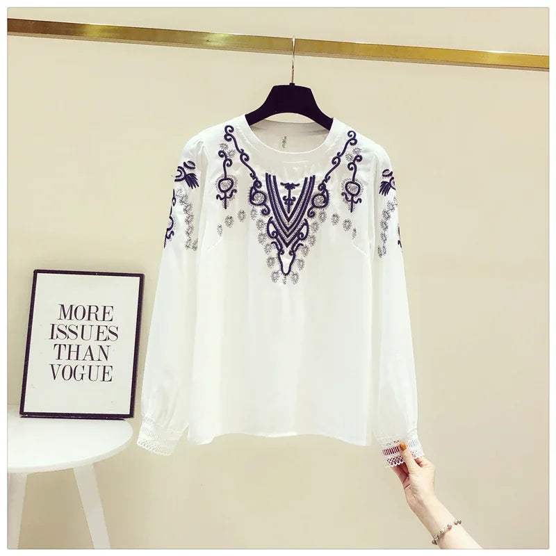 Korean Fashion Embroidery White Blouse Female Chiffon Female Long-sleeved Blusa Early Autumn New Shirt Tops KK1471