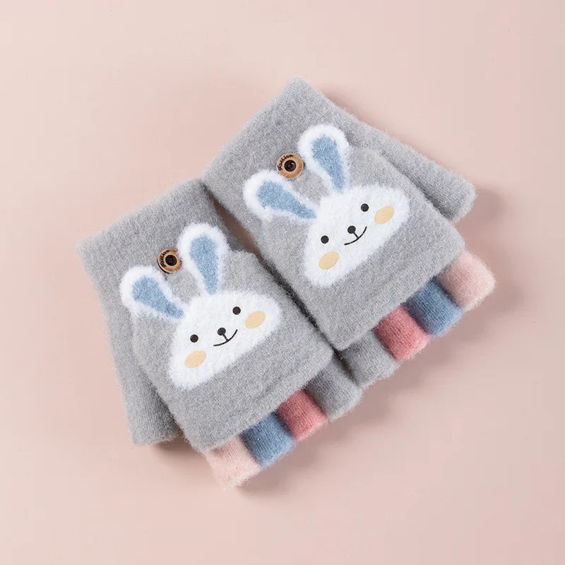 Kids' Bunny Flip-Top Knit Gloves – Half-Finger Mittens (Ages 4–11)