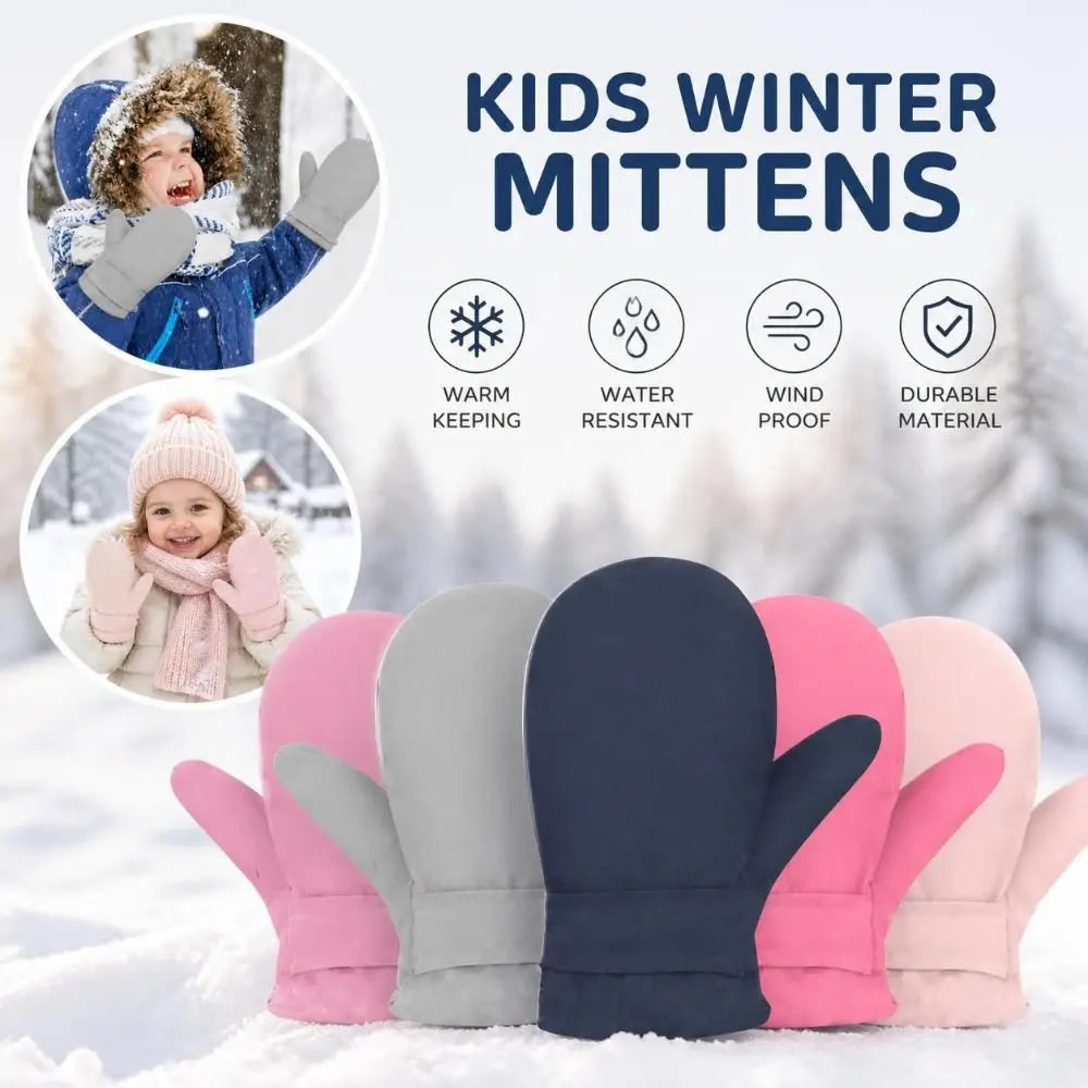 Kids' Fleece-Lined Snow Mittens with Anti-Lost Clip – Solid Colours