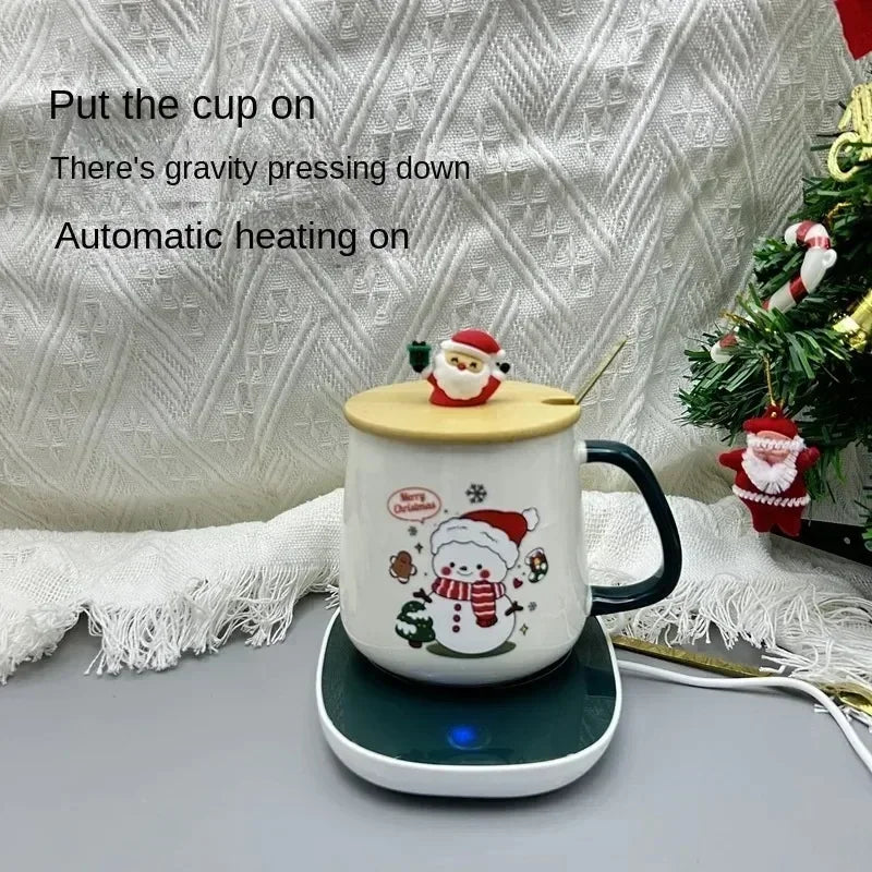 Santa Mug Warmer Gift Set – Ceramic Mug with Lid, Spoon & 55°C Warming Coaster