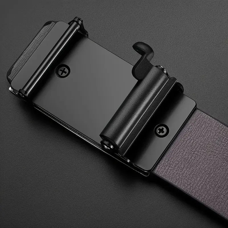 Men's Geometric Automatic Buckle Belt – Faux Leather, Gold, Silver or Gunmetal