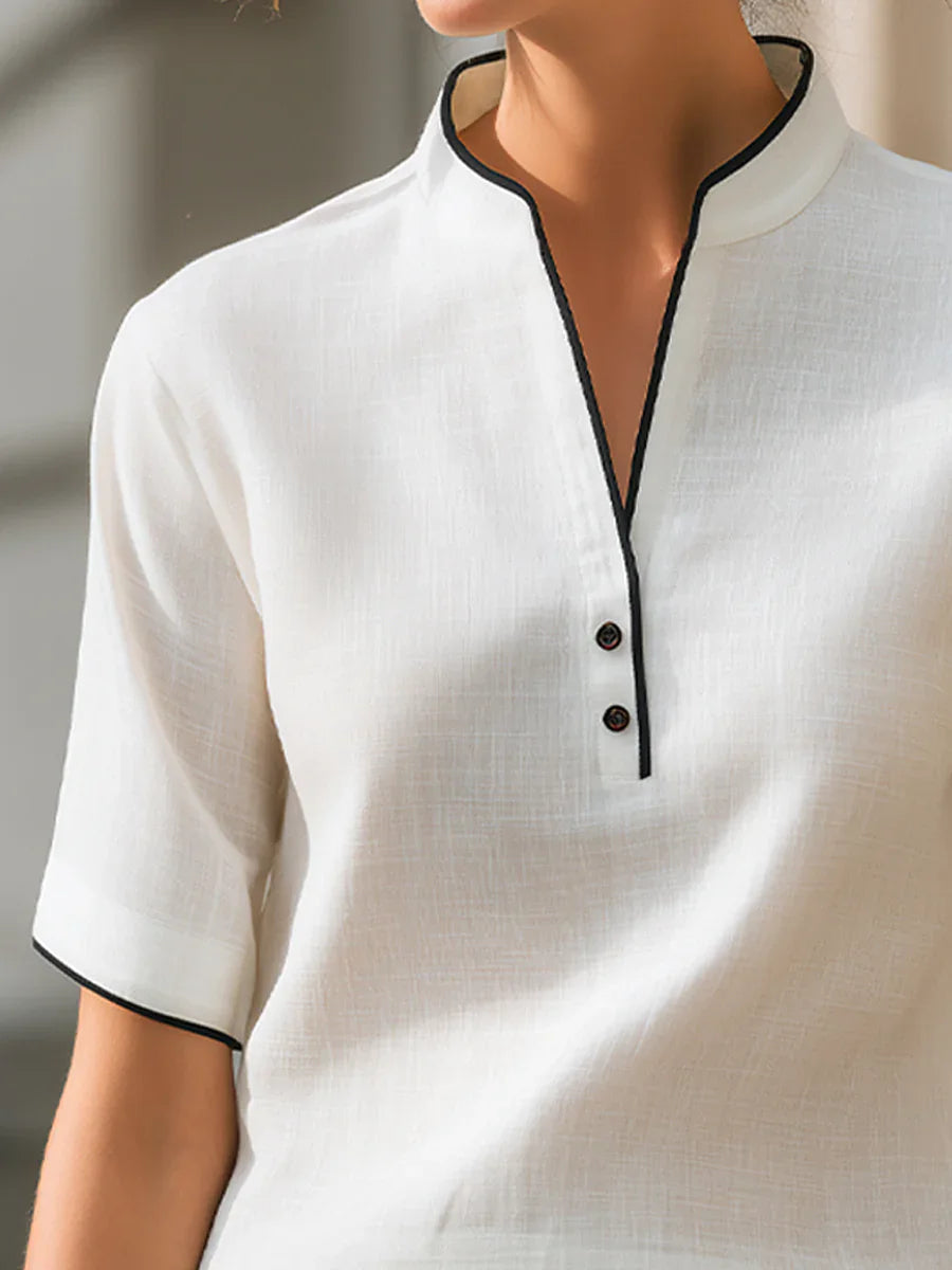 Women's V-Neck Button Detail Contrast Trim Blouse – Short Sleeve Casual Top