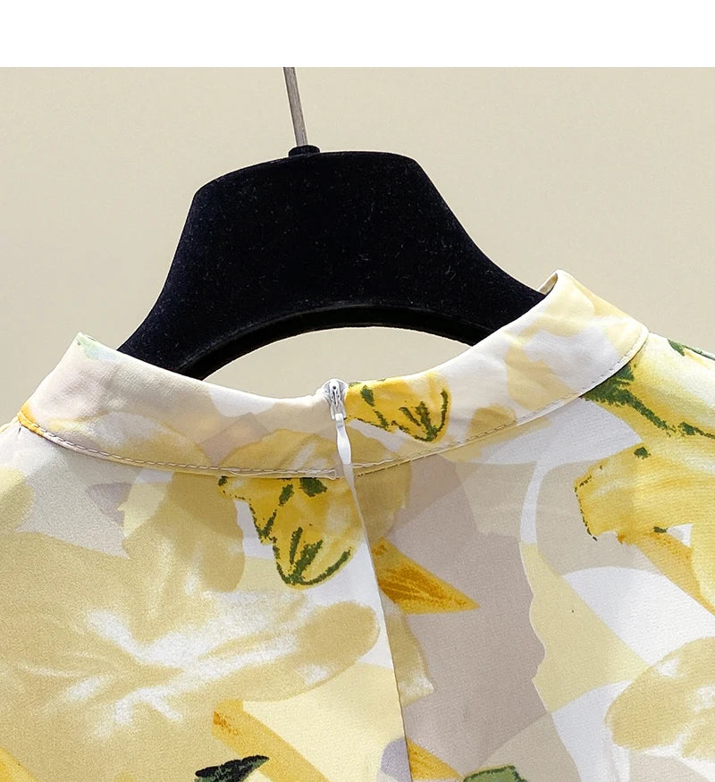 Yellow Floral Printing Chiffon Stand Collar Lantern Sleeve Pullover Women's Blouse Shirt Casual Female Clothing Tops Fashion