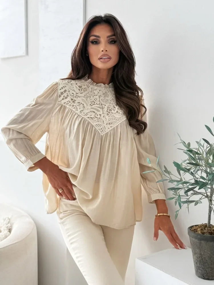 Mori New Chic Women Spring Autumn Lace Spliced Chiffon Blouse Ruffle Neck Lantern Long Sleeve Loose Fit Elegant Daily Tops