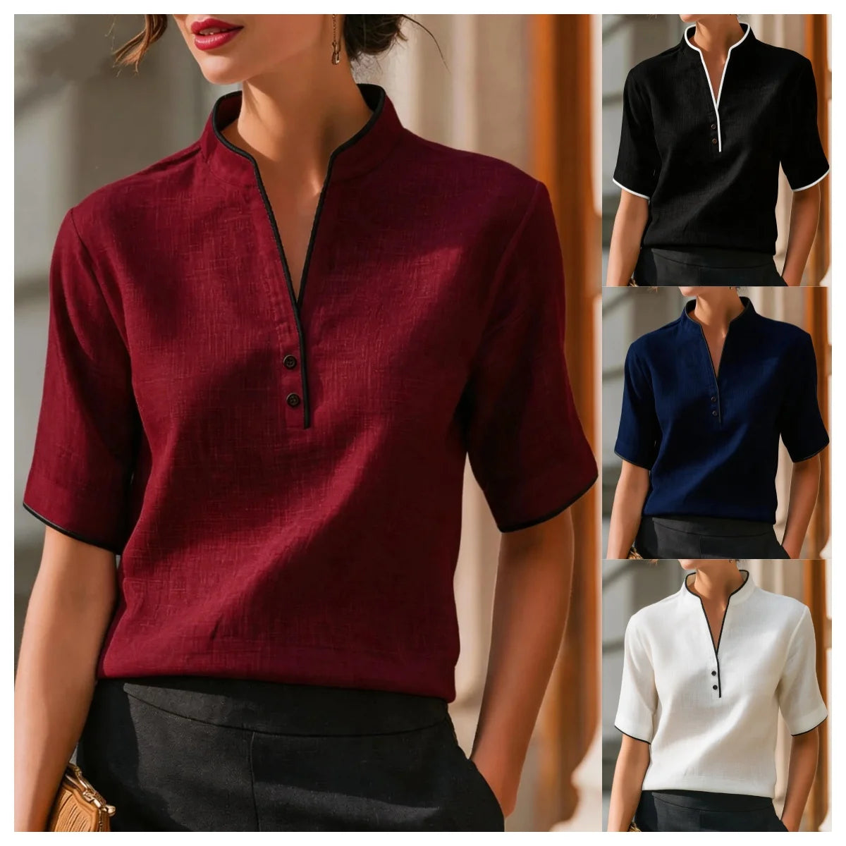 Women's V-Neck Button Detail Contrast Trim Blouse – Short Sleeve Casual Top