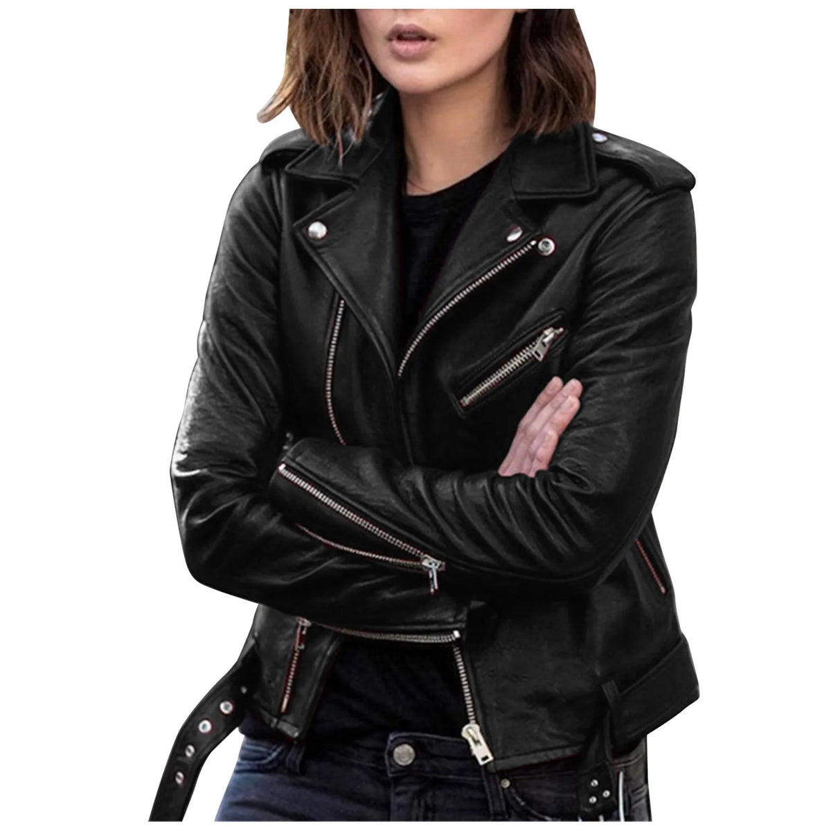 Autumn Women Plus Size PU Leather Jackets Slim Zipper Up Moto Biker Bomber Jacket Winter Belted Retro Women Short Coats S-5XL