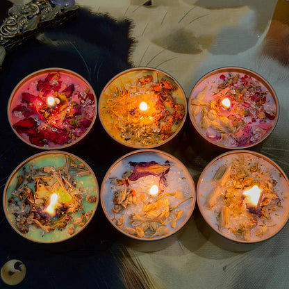 Kristall-Sojawachs-Kerze mit Trockenblumen in Eisen-Dose | 7 Farben | 20 Std. Brenndauer | Party & Geschenk