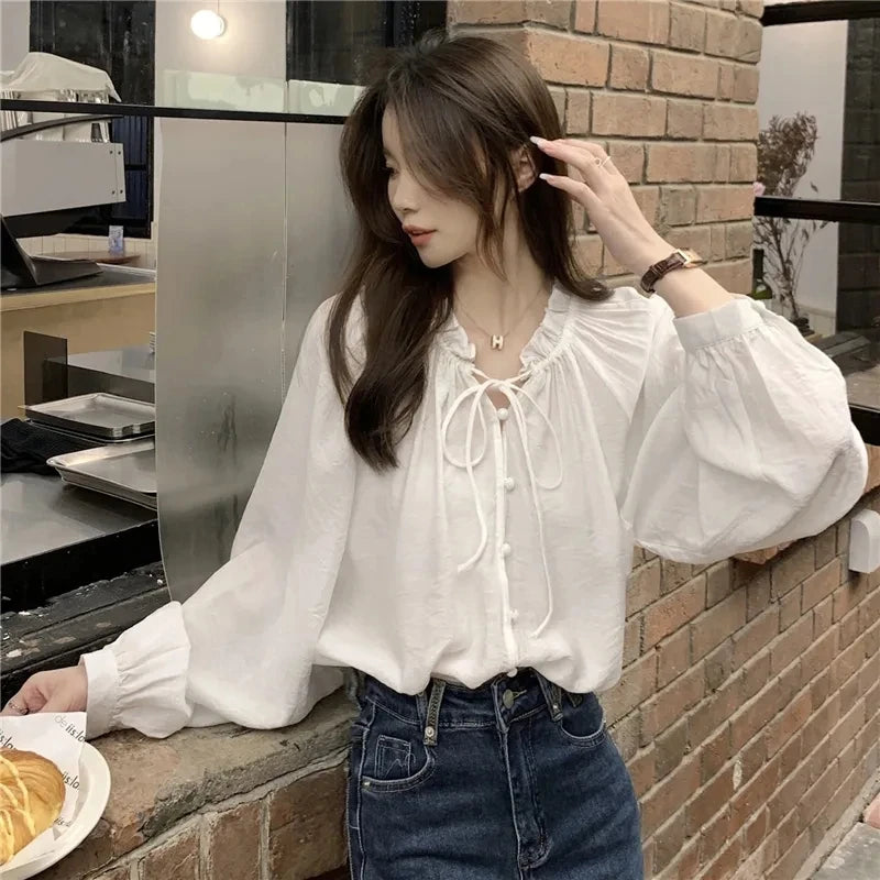 French Solid Color Leisure Women Sweet Solid Color V-neck Ruffled Edge Pullover Shirt Female Loose Fitting Lantern Sleeve Blouse