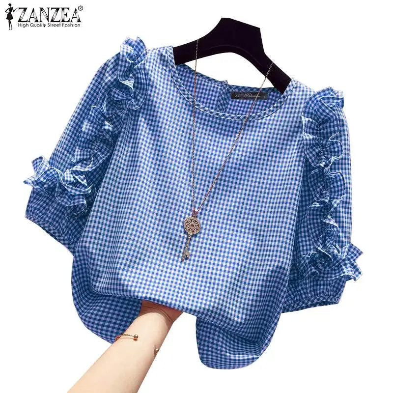 Ruffle-Trim Plaid Lantern-Sleeve Blouse