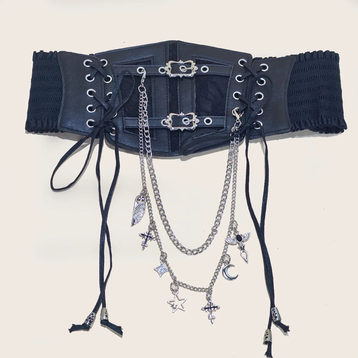 Lace-Up Corset Belt with Chain – Wide Faux Leather Waist Belt