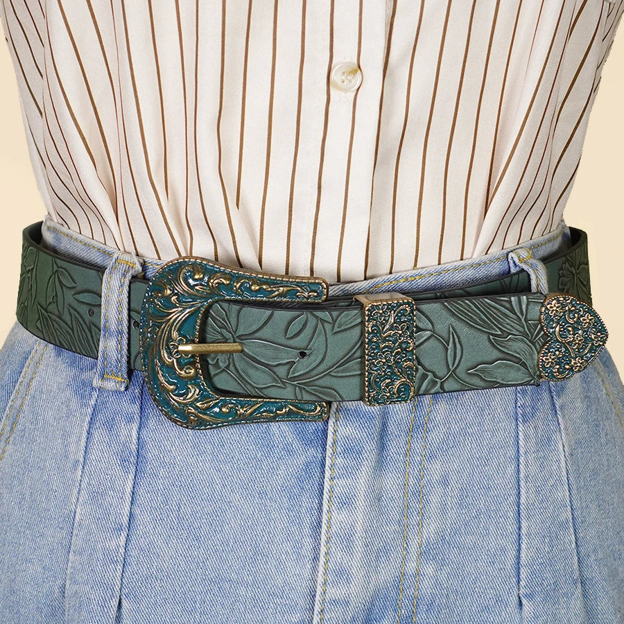 Women's Vintage Carved Leaf Belt – Faux Leather, Army Green