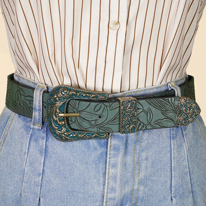Cinturón de mujer vintage con hojas talladas – Polipiel, verde militar