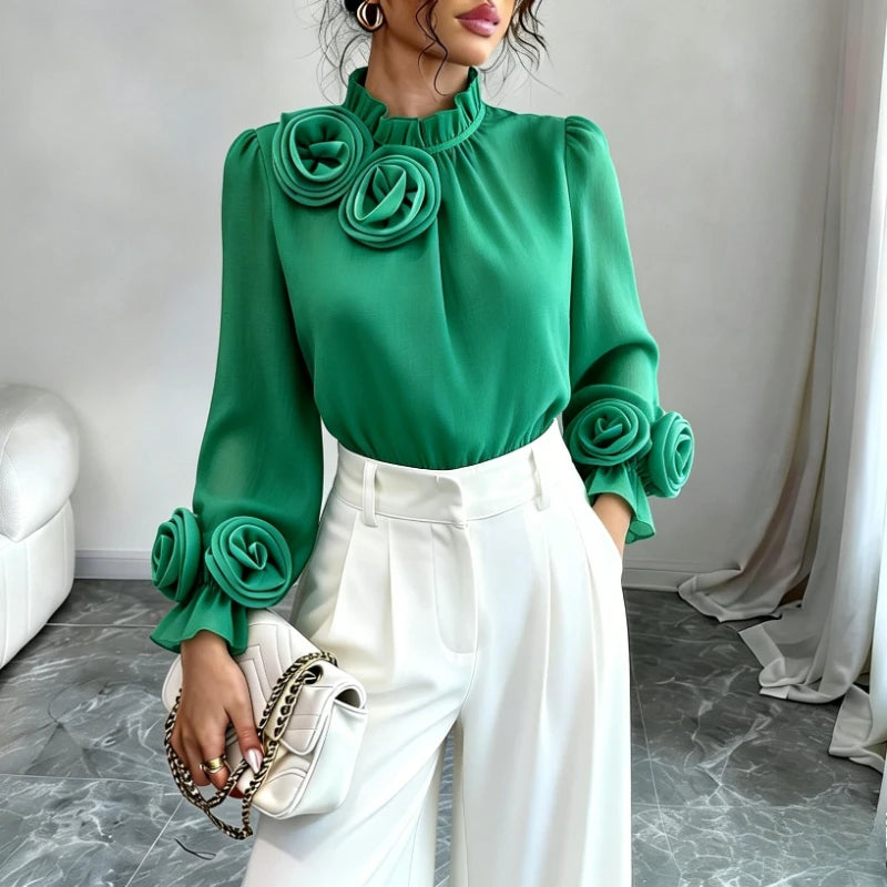 Women's Magenta Sheer Chiffon Blouse 3D Floral Appliqué Ruffled Mock Neck Puff Long Sleeve Loose Casual Summer Daily Party Top