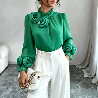 Blusa in chiffon con scollo a balze floreali 3D