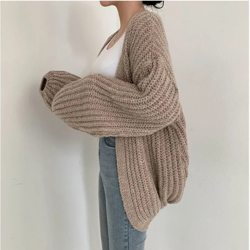 Women's Lantern-Sleeve Knit Cardigan – Relaxed Open-Front Sweater