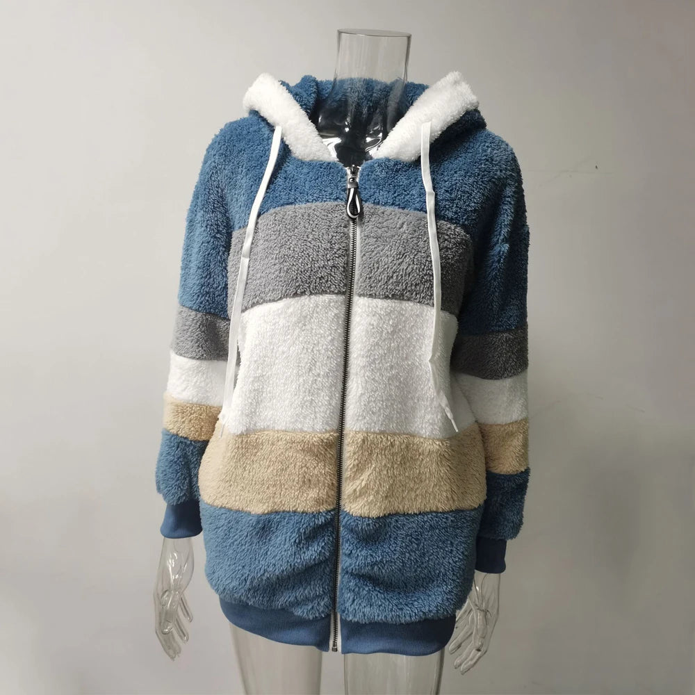 Winter Fashion Women's Coat 2026 Hooded Zipper Ladies Jacket Spliced Thick Cashmere Women Jacket Stitching Plaid Ladies Coats