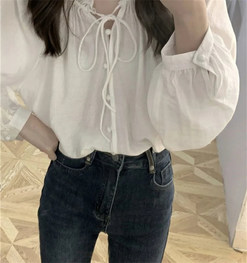 French Solid Color Leisure Women Sweet Solid Color V-neck Ruffled Edge Pullover Shirt Female Loose Fitting Lantern Sleeve Blouse