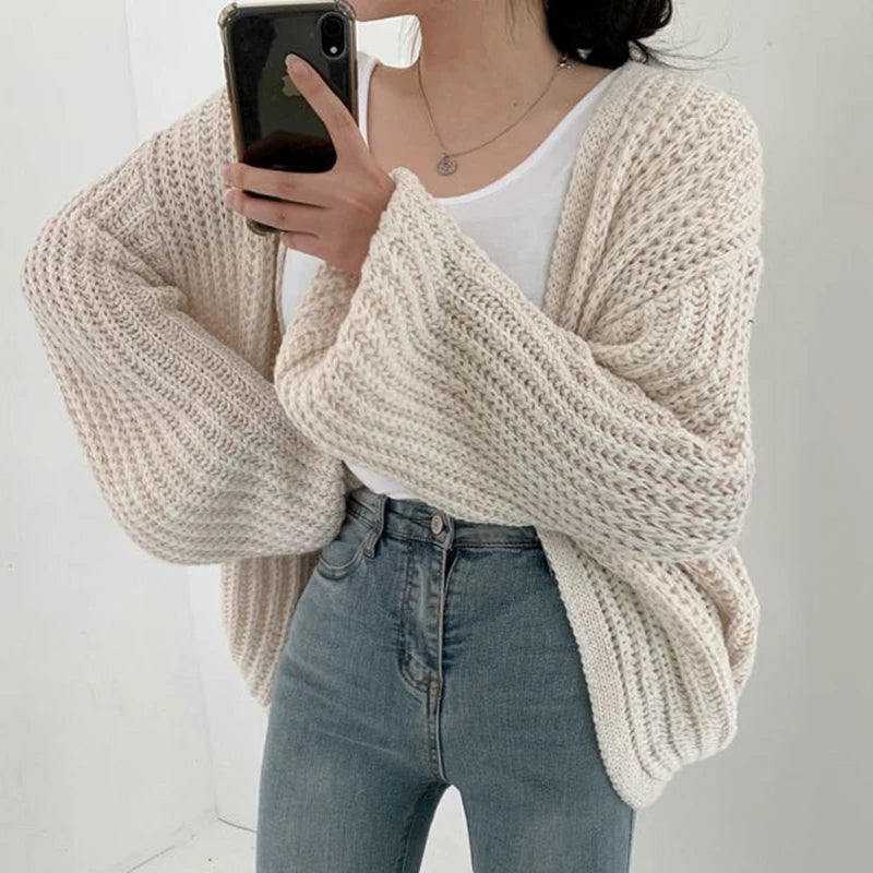 Women's Lantern-Sleeve Knit Cardigan – Relaxed Open-Front Sweater