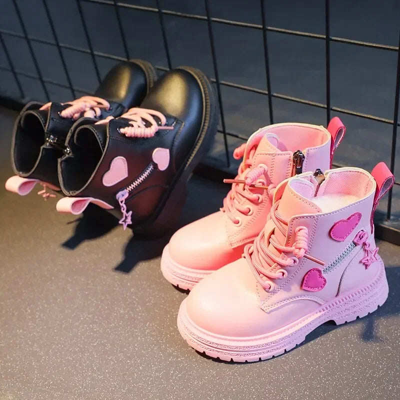 Black/pink Girls Leather Boots Velvet with Anti Slip Low Cut Side Zipper Winter Outdoor Girls Fashion Single Boot