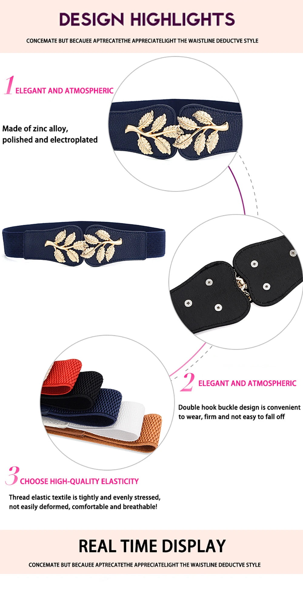 Women's Gold Leaf Elastic Waist Belt – Double Hook Buckle