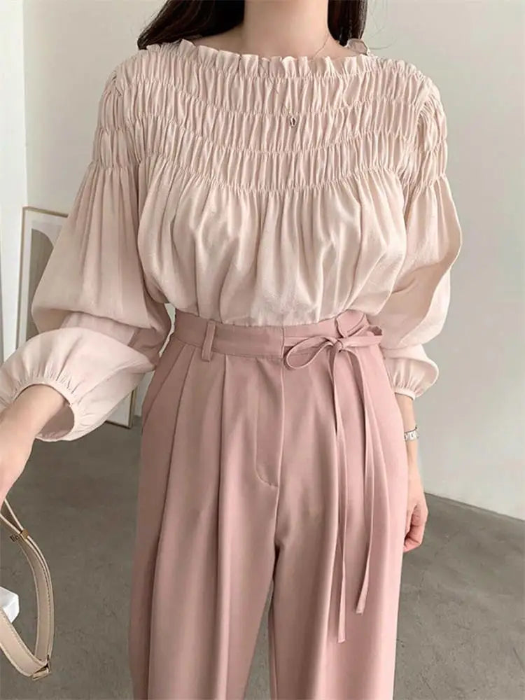 Korean Chic Sweet Elegant Chiffon Blouse With Puff Sleeves Round Neck Pleated Design for Women's Summer Shirts Loose Casual Top