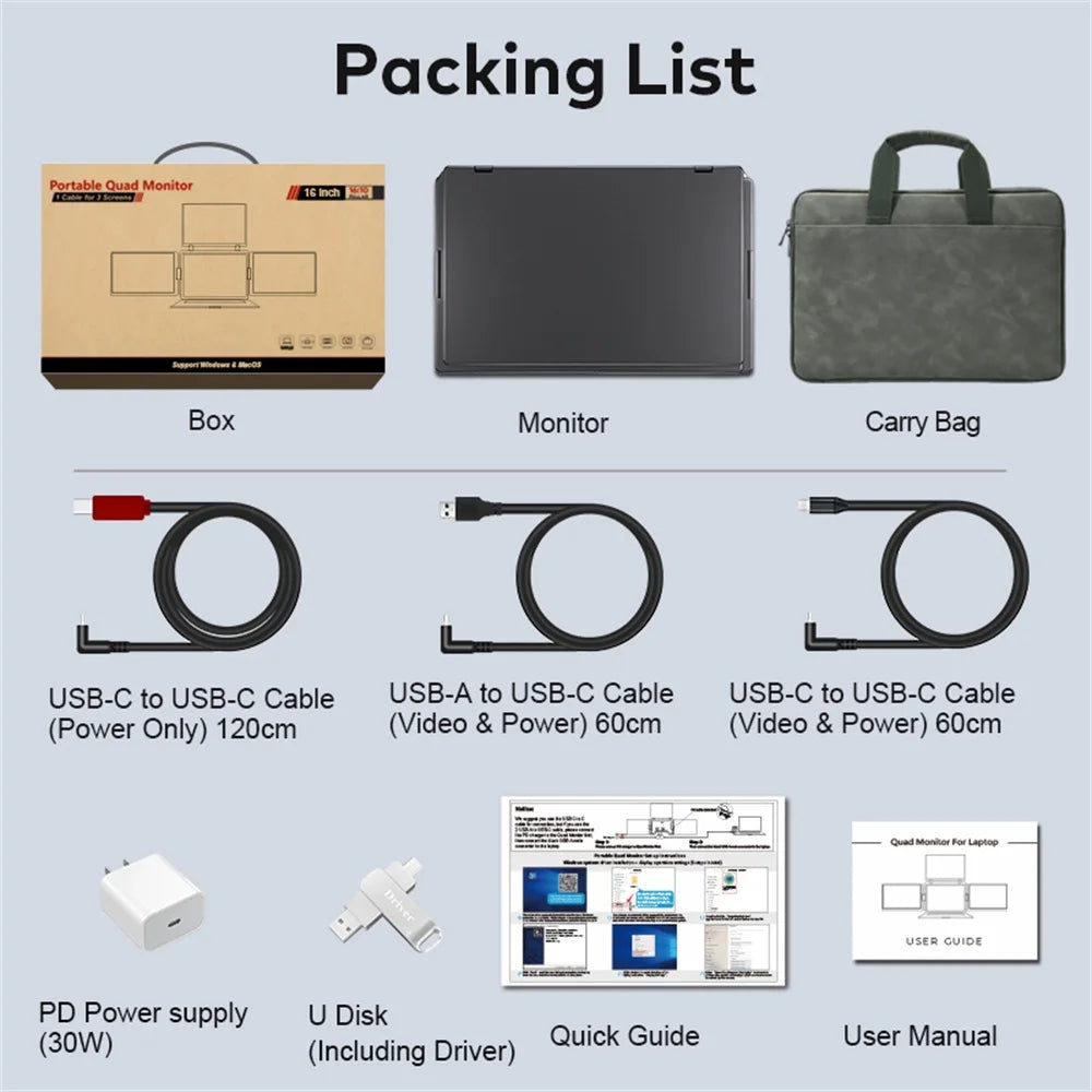 Rospider Portable Triple Screen Extender for Laptops – 14" to 18.5", FHD IPS, Foldable, Compatible with MacBook & Windows